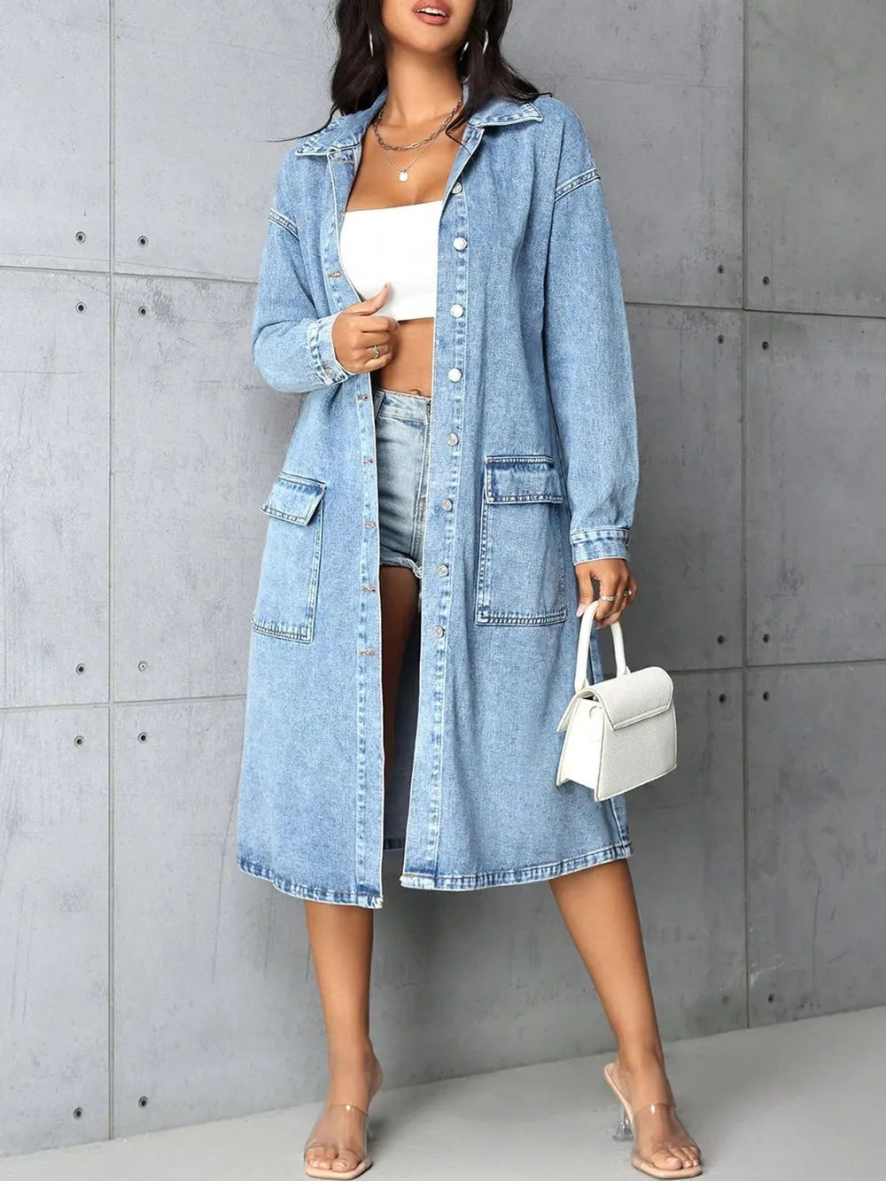 Button Up Collared Denim Top in Medium Wash