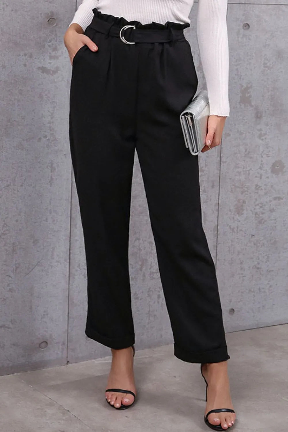 Belted Paperbag Waist Pants in Black