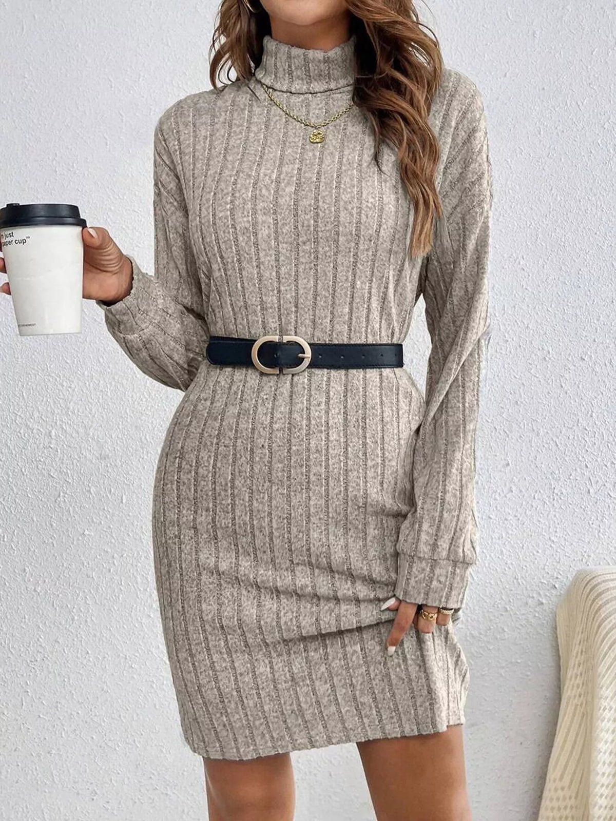 Turtleneck Ribbed Knit Dress in Mocha