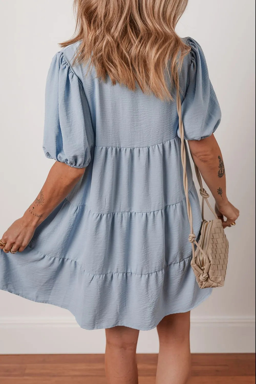 Button-Up Tiered Shirt Dress in Light Blue