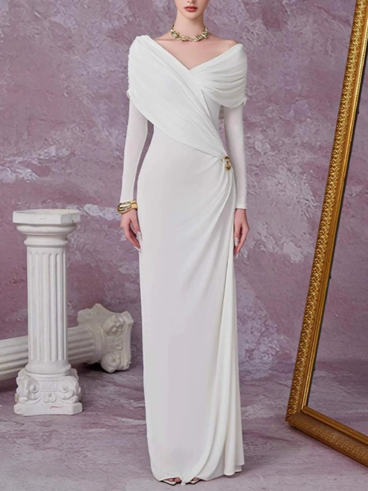 Ruched Draped Long Sleeve Maxi Dress