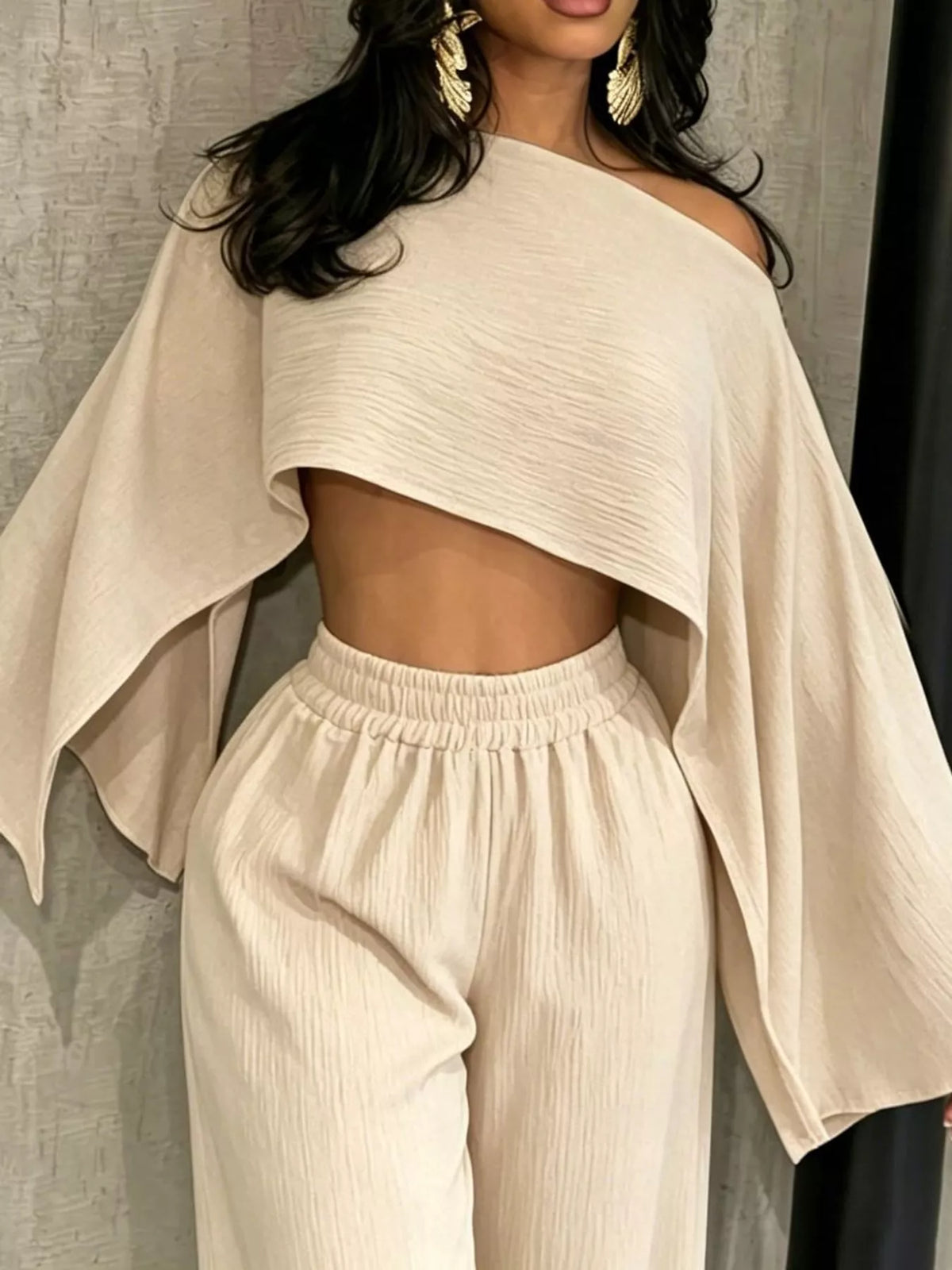 Boat Neck Crop Top and Wide-Leg Pants Set