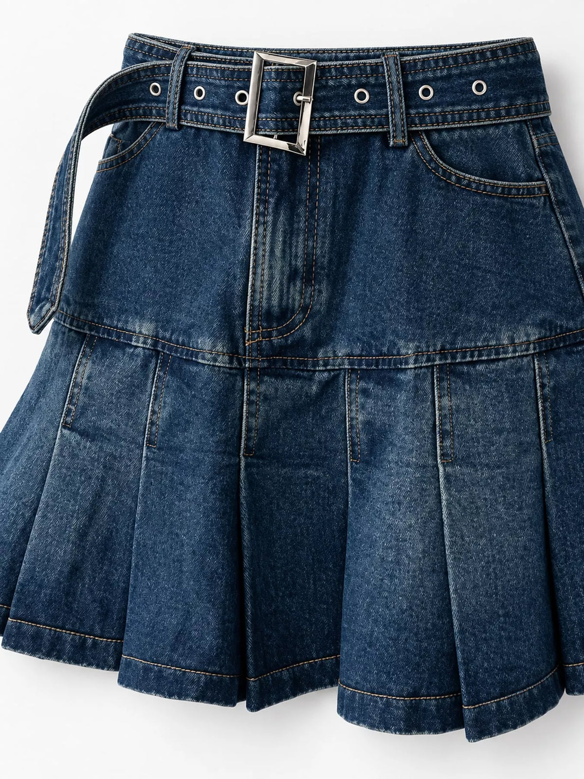High-Waisted Pleated Denim Skirt in Vintage Blue