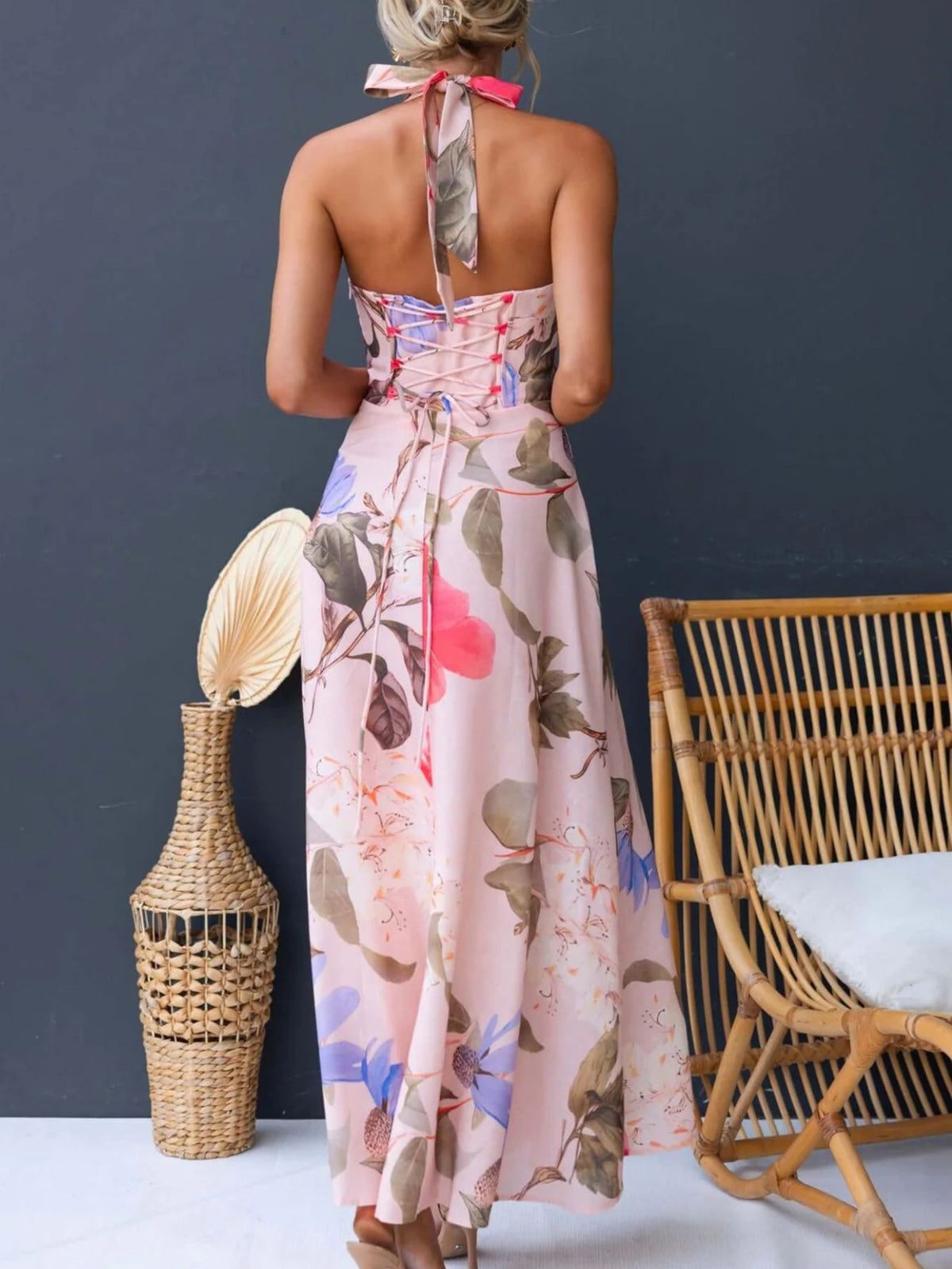 Floral Print Lace-Up Halter Maxi Dress