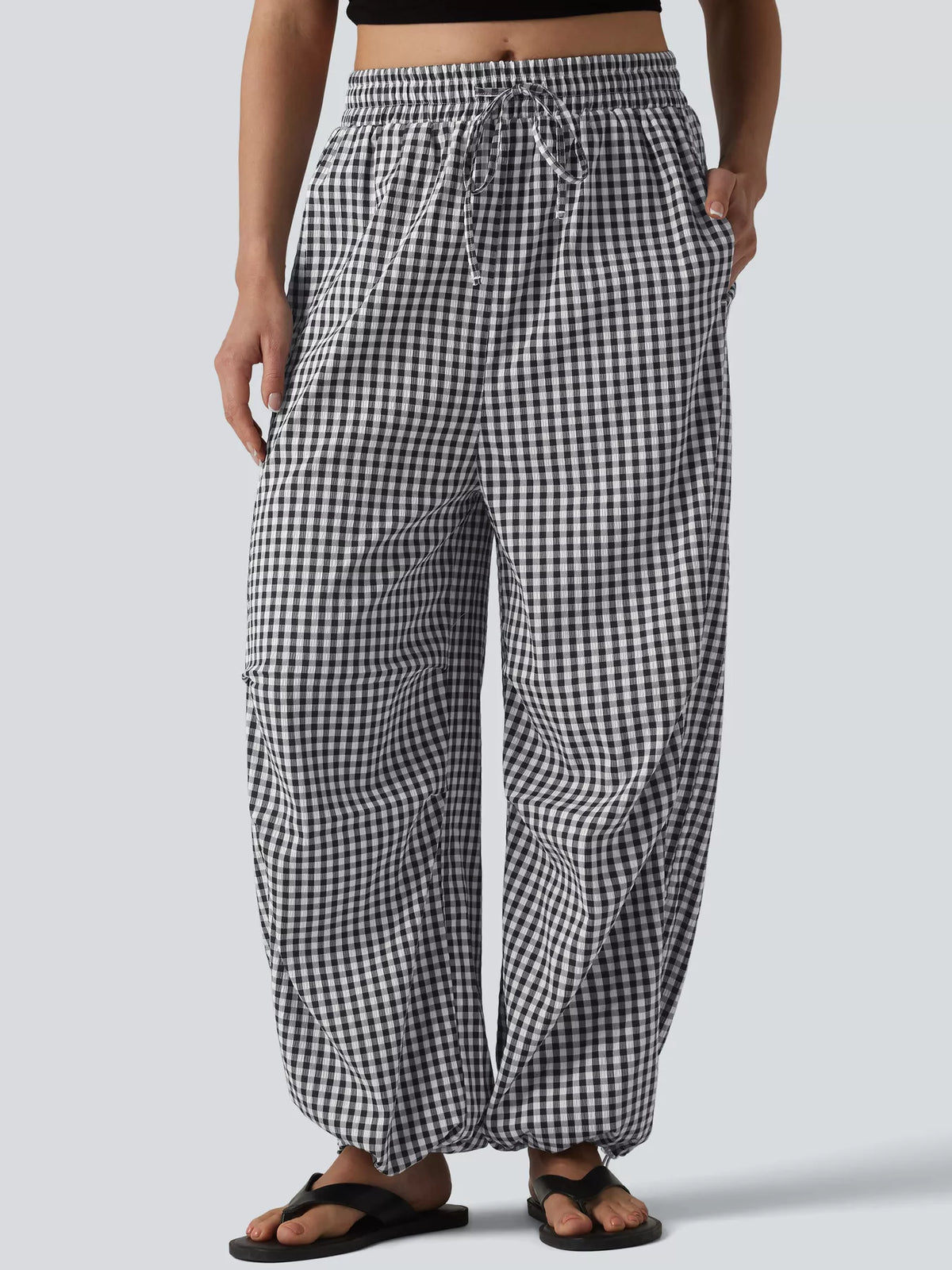 High-Waisted Gingham Drawstring Wide-Leg Pants
