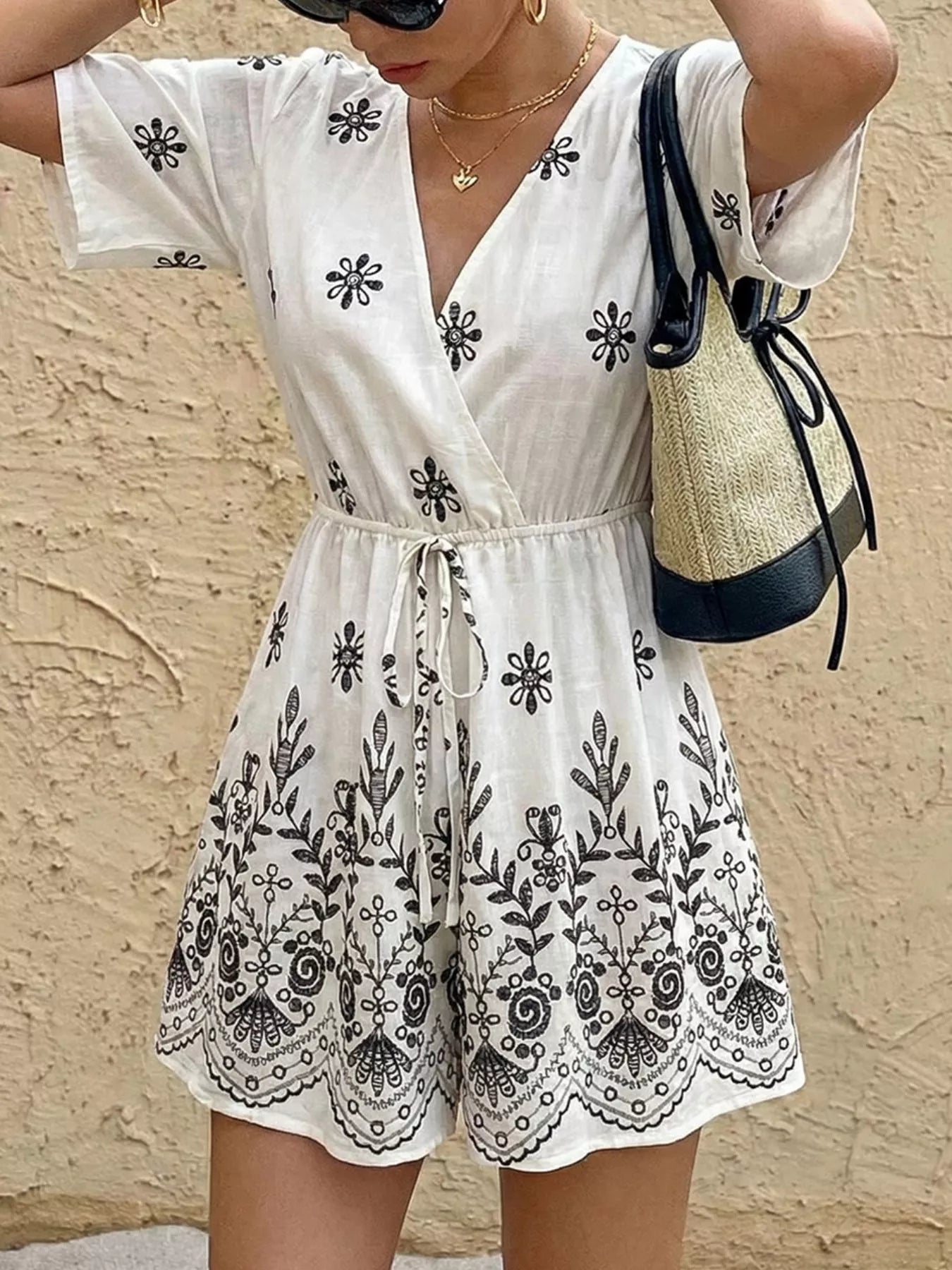 Surplice Half Sleeve Romper in White