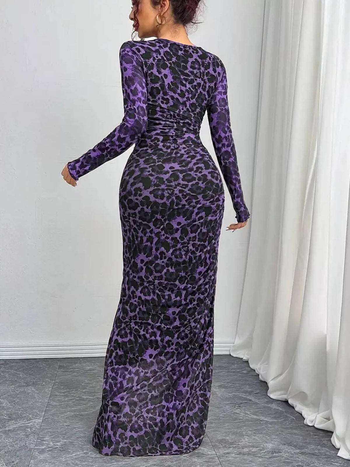 Leopard Print Ruched Bodycon Maxi Dress