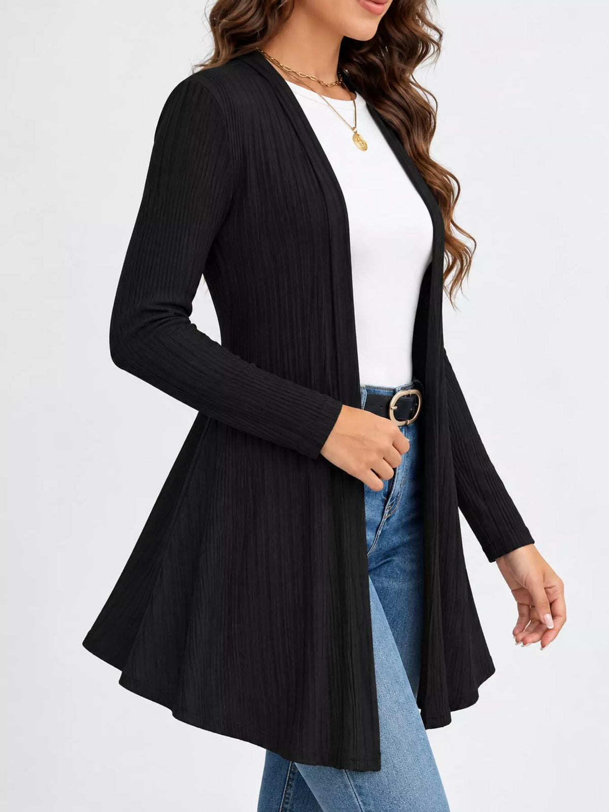 Ribbed Knit Open-Front Cardigan