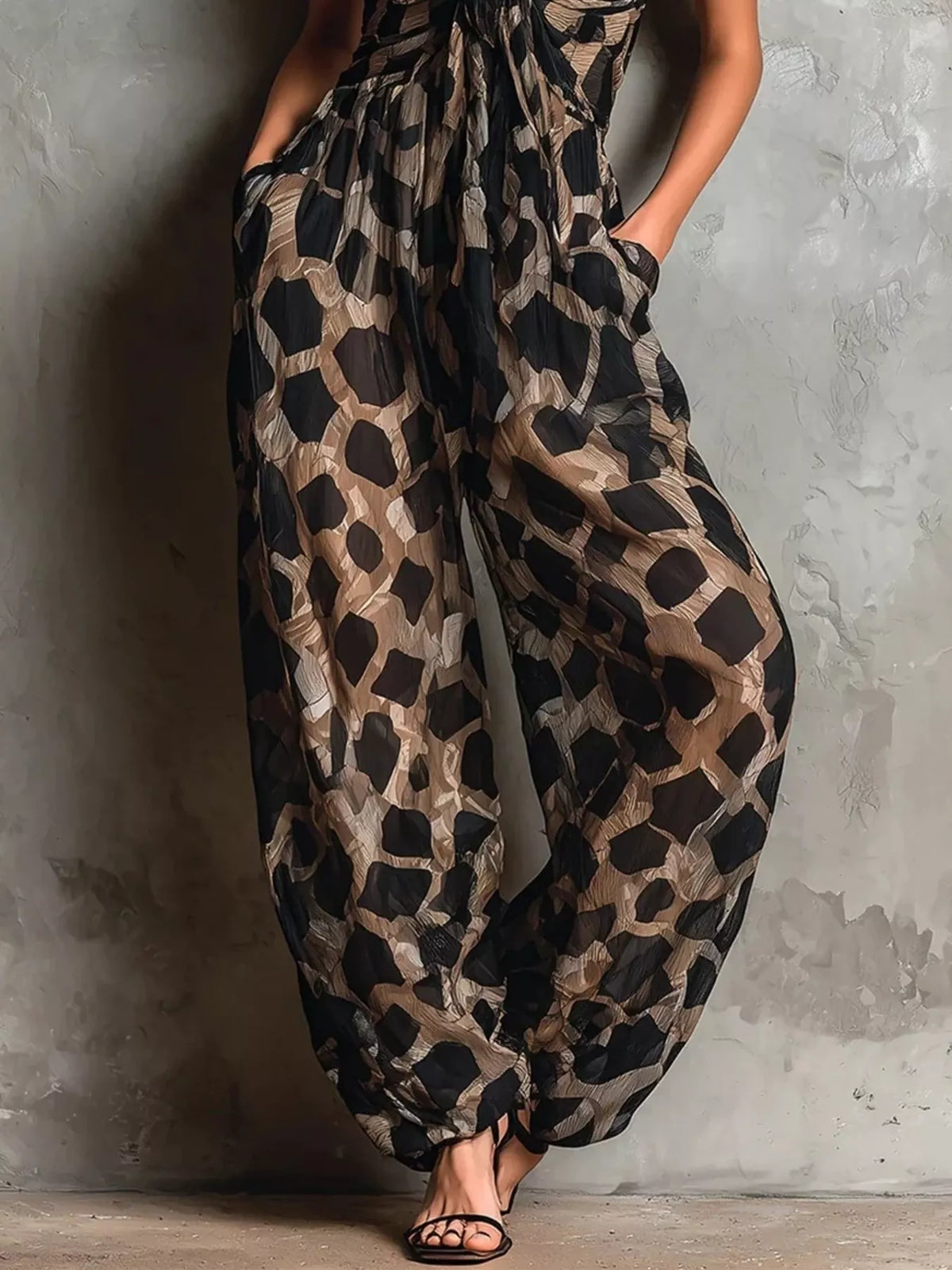 Leopard Front Tie Wide-Leg Jumpsuit in Taupe by Yvette