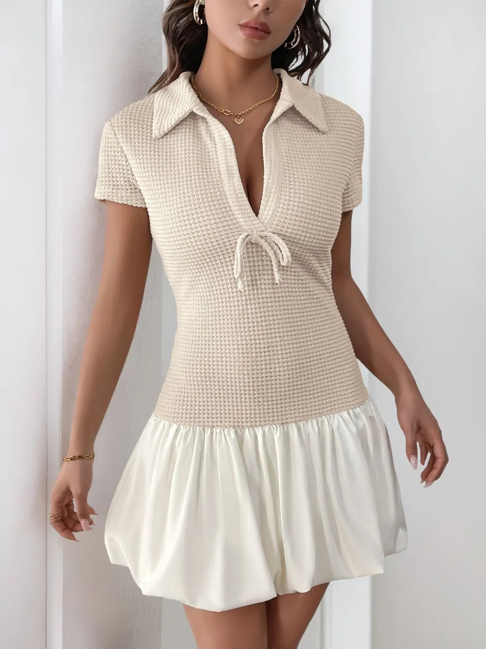Johnny Collar Short Sleeve Mini Dress in Tan
