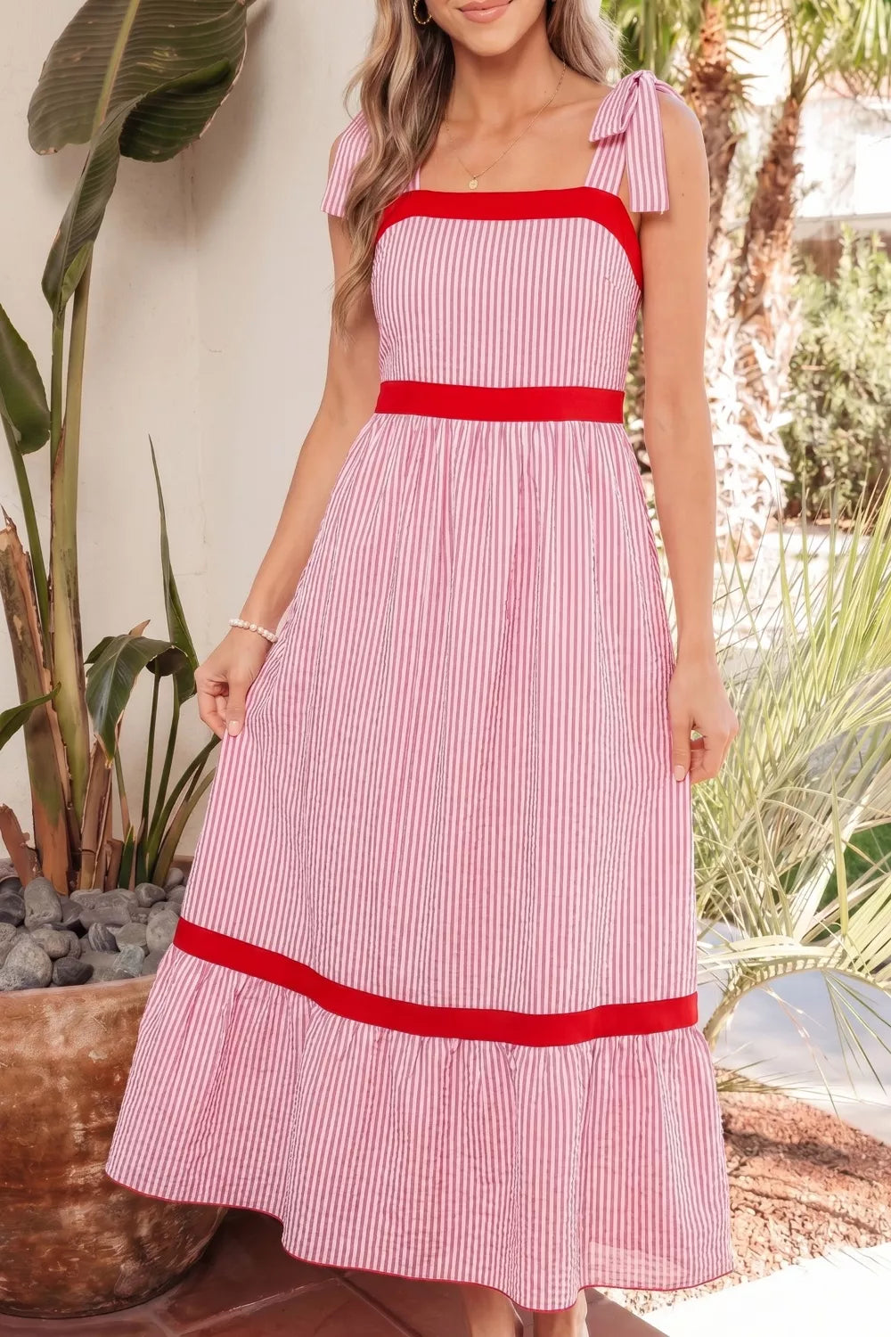 Striped Bow-Strap Ruffle Hem Maxi Dress in Dusty Pink
