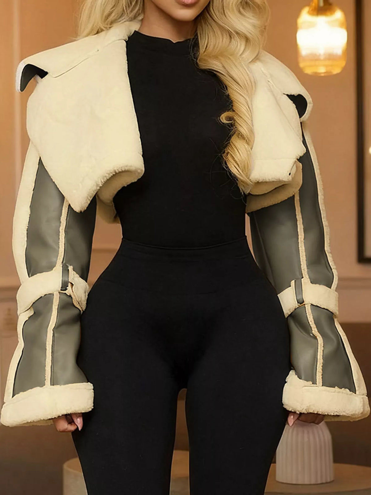 Faux Leather Plush Cropped Jacket