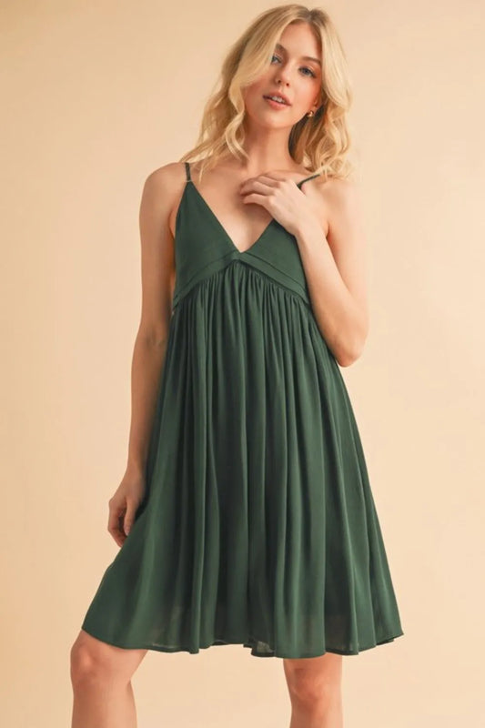 Ruched Plunge Mini Cami Dress in Dark Green