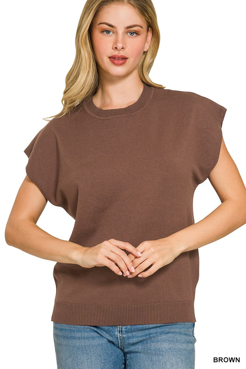 Zenana Round-Neck Short Sleeve Sweater in Brown