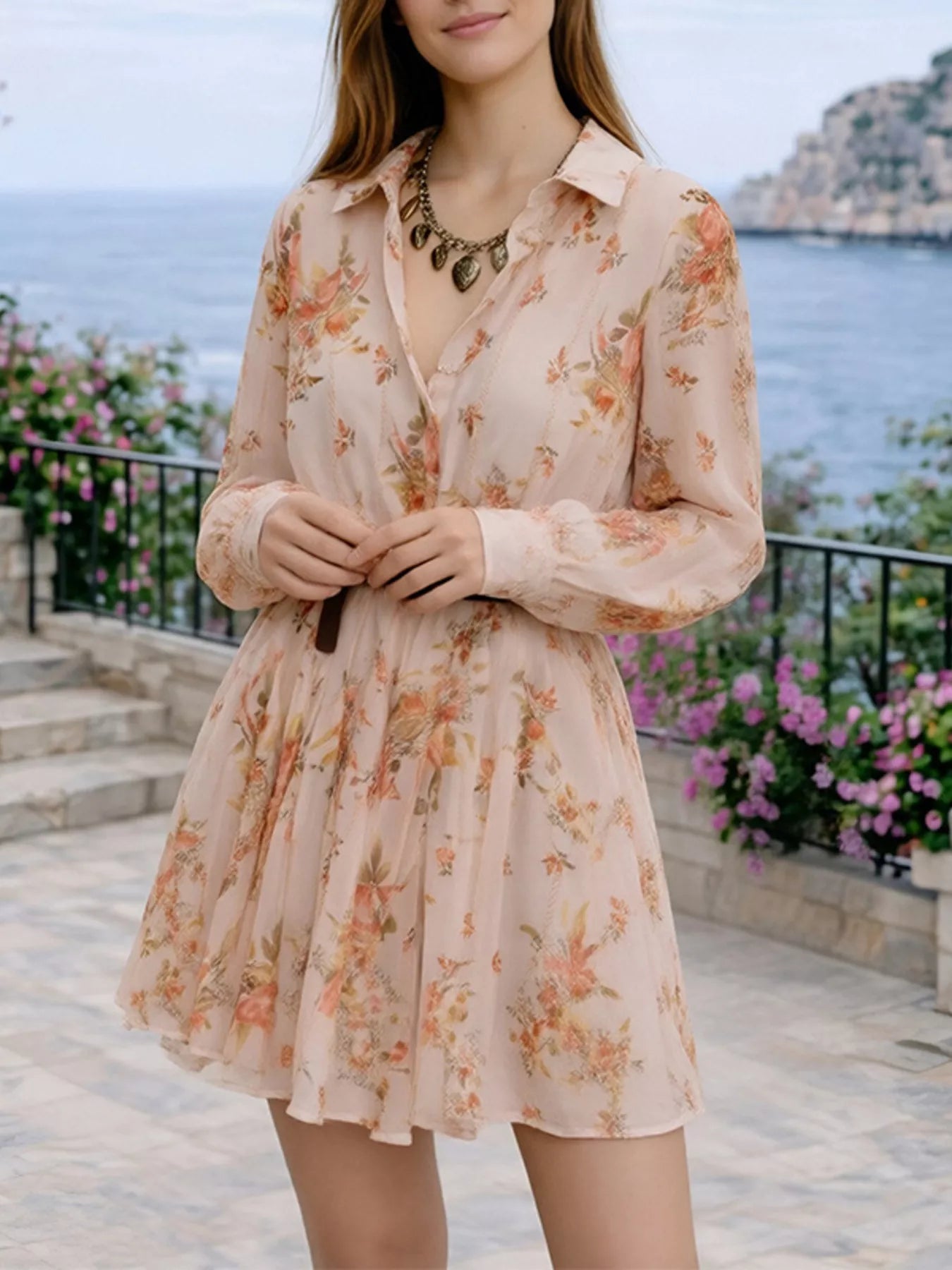 Floral Print Long Sleeve Shirt Dress