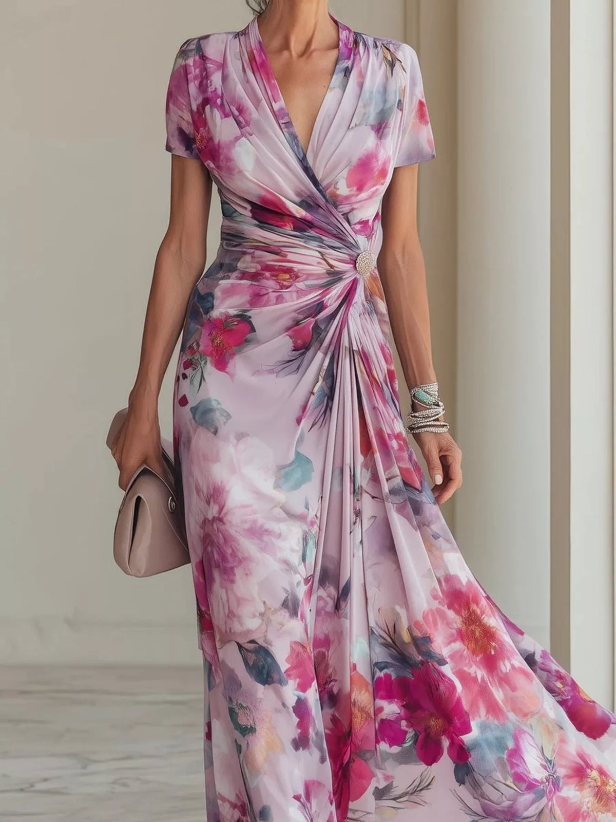 Floral Print Ruched Maxi Dress in Moonlit Mauve