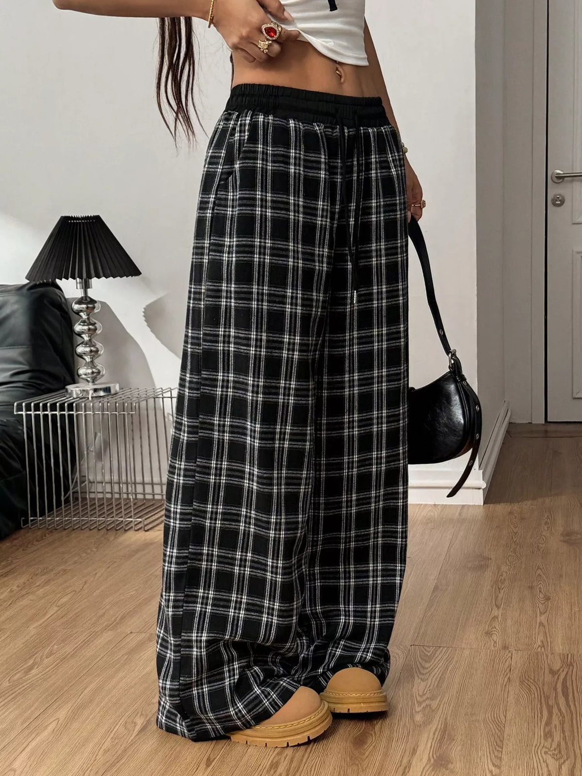 Plaid Drawstring Wide Leg Pants