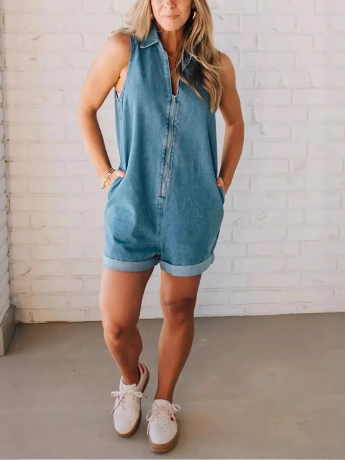 Sleeveless Zip-Up Denim Romper in Blue