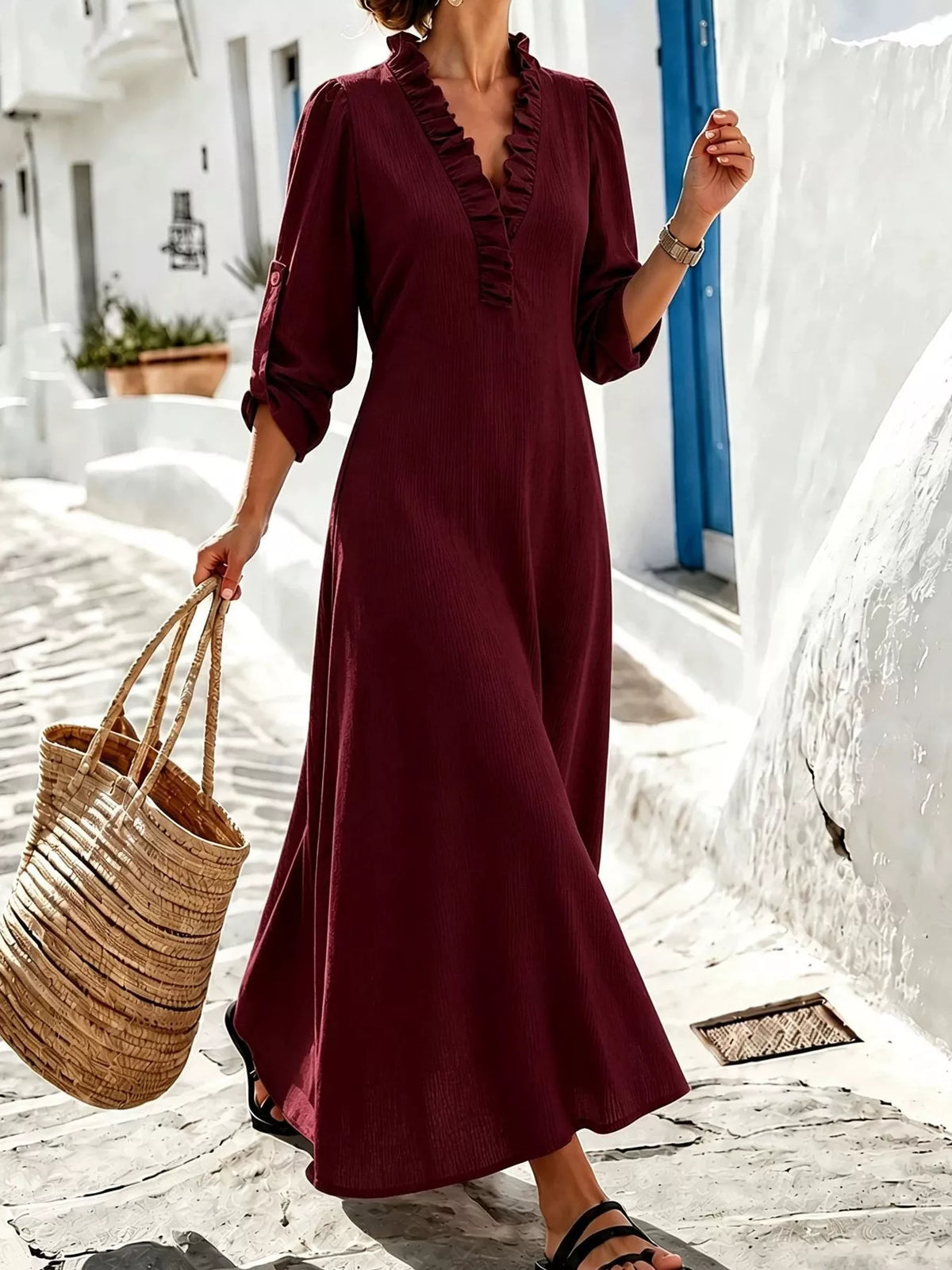 V-Neck Ruffled Maxi Dress with Roll-Up Sleeves