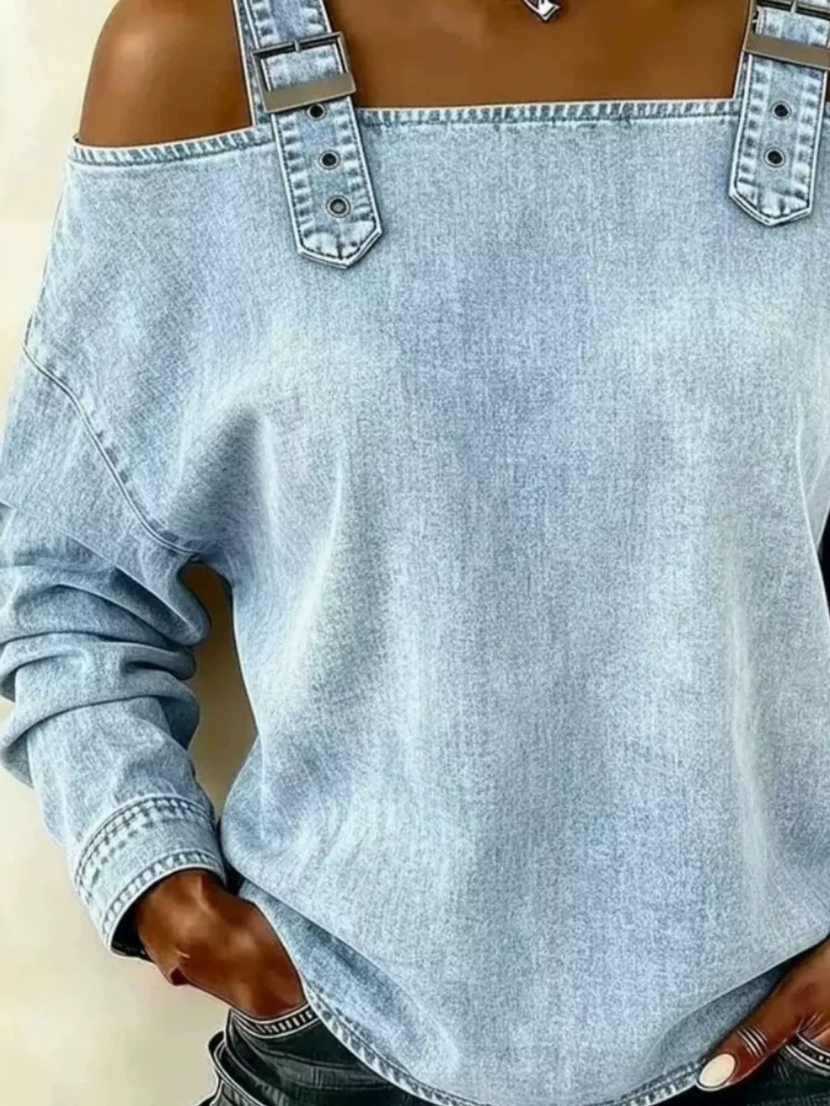 Long Sleeve Buckle Strap Denim Top