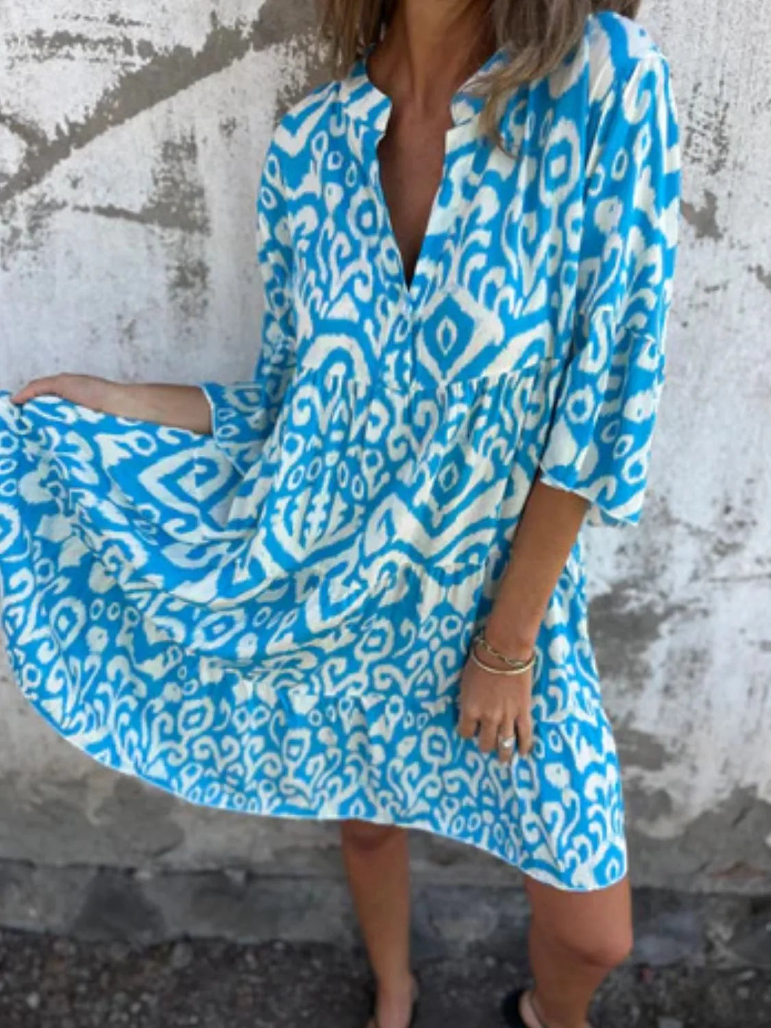 Notched Half Sleeve Printed Plus Size Dress