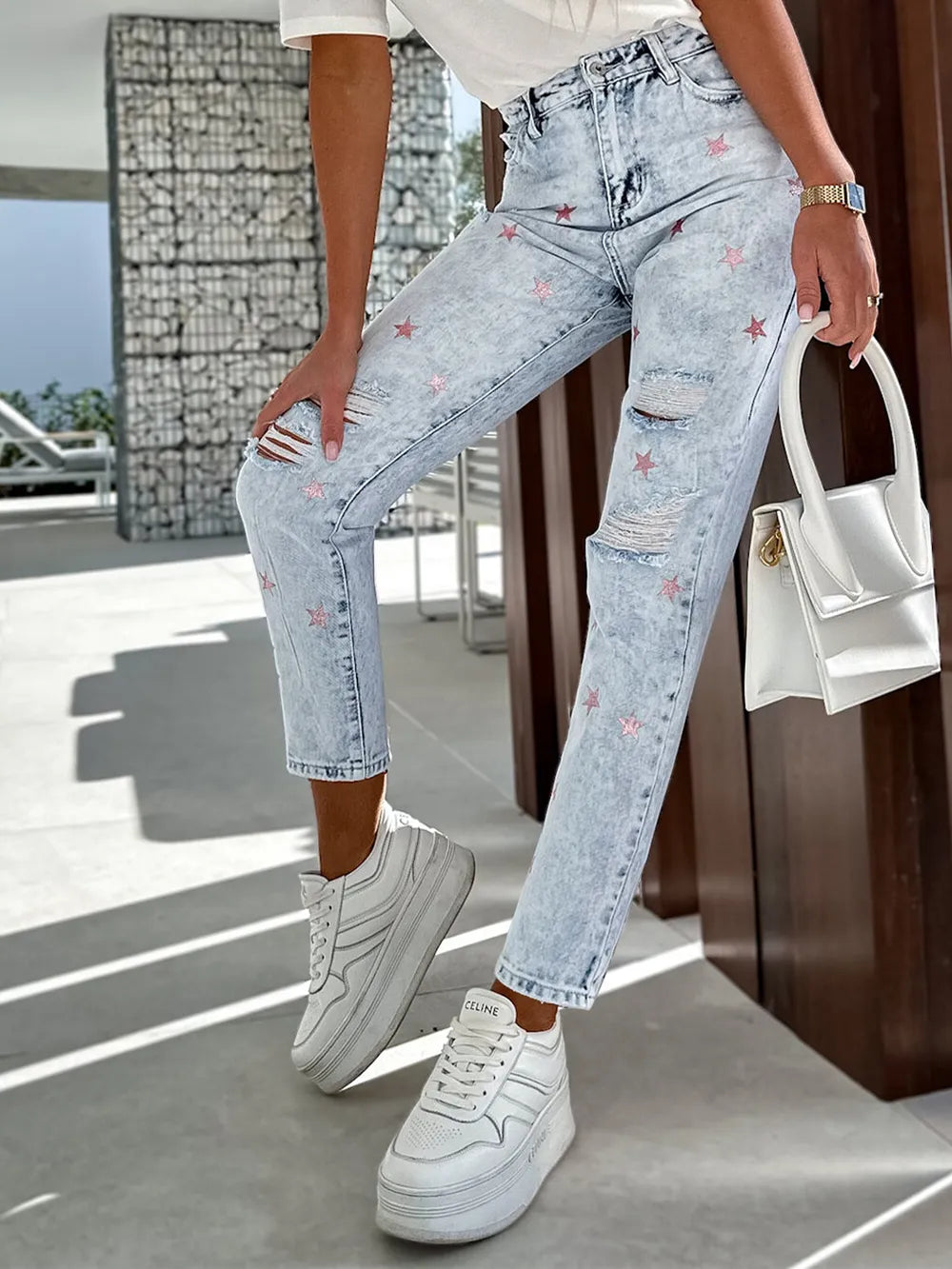 Distressed Star Straight Jeans in Light Wash by Y.Y@Denim