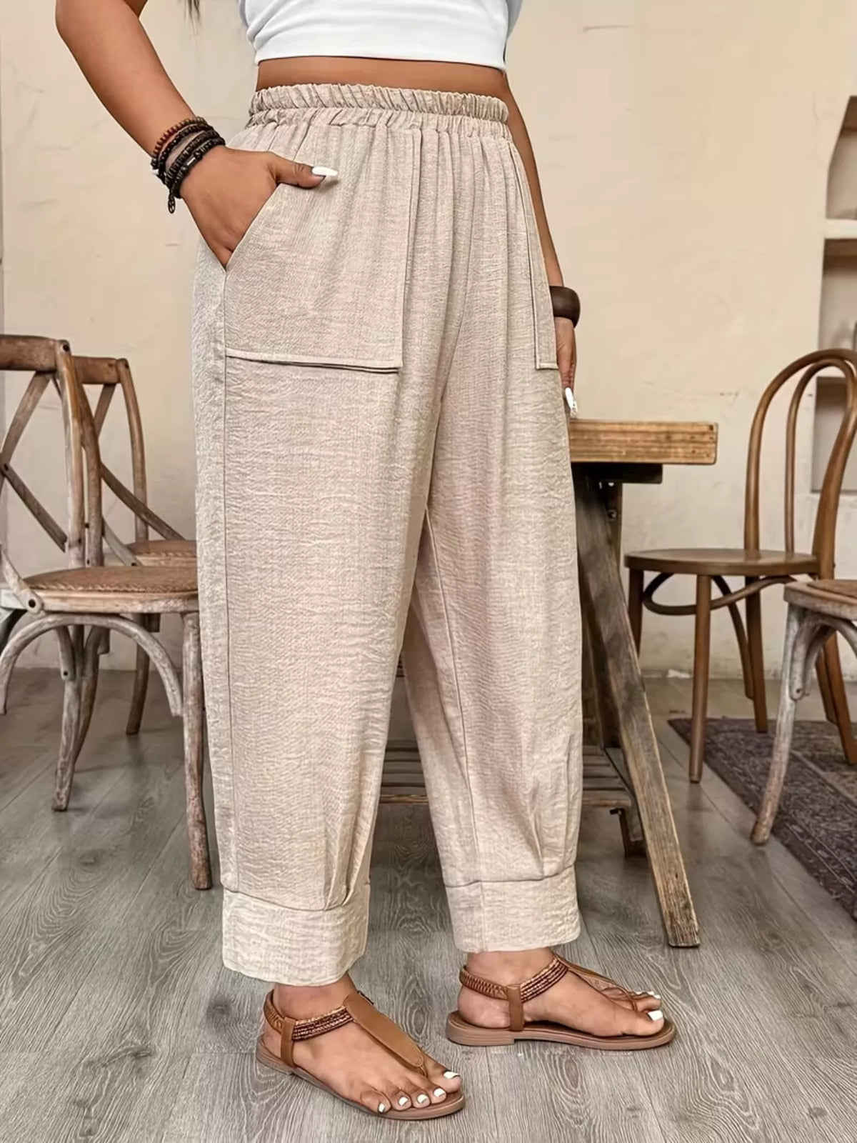 Plus Size Elastic Waist Pants with Pockets