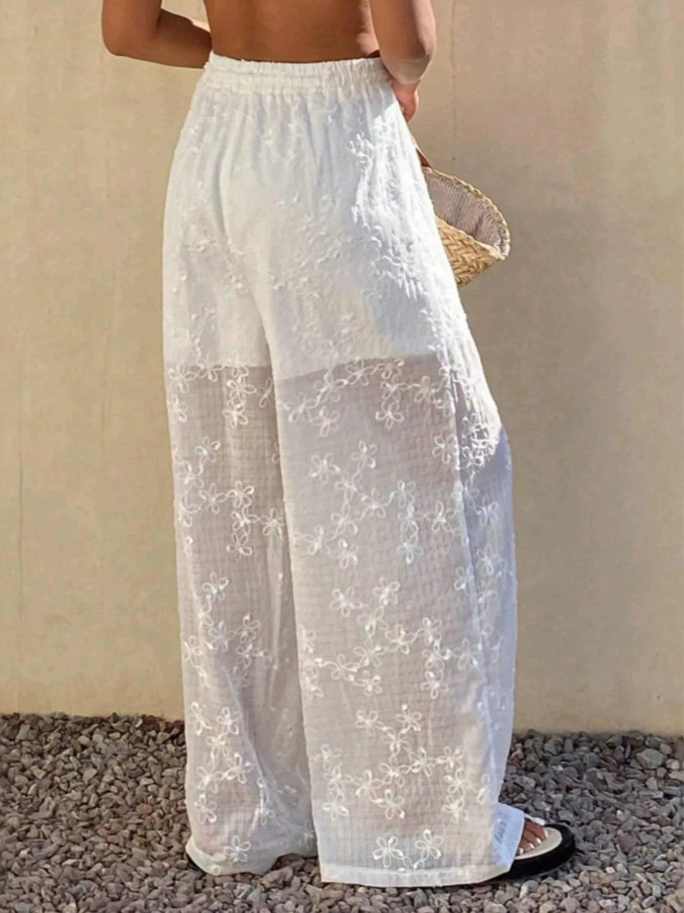 Embroidered Drawstring Wide-Leg Pants in White