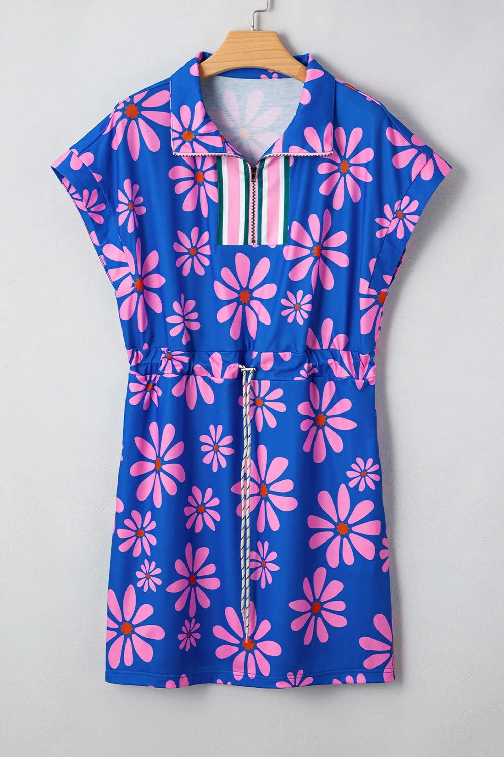 Floral Zip-Collar Drawstring Mini Dress in Blue