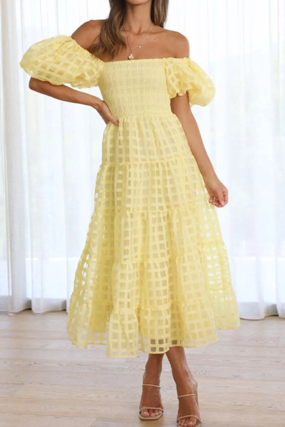 Off Shoulder Puff Sleeve Midi Dress