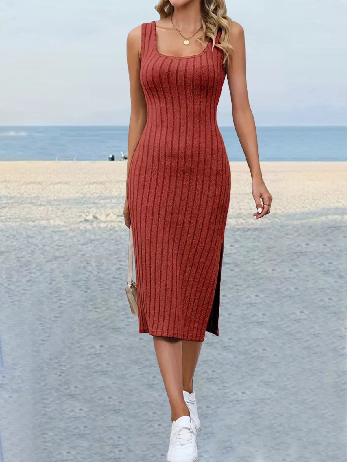 Ribbed Scoop Neck Dress with Side Slit