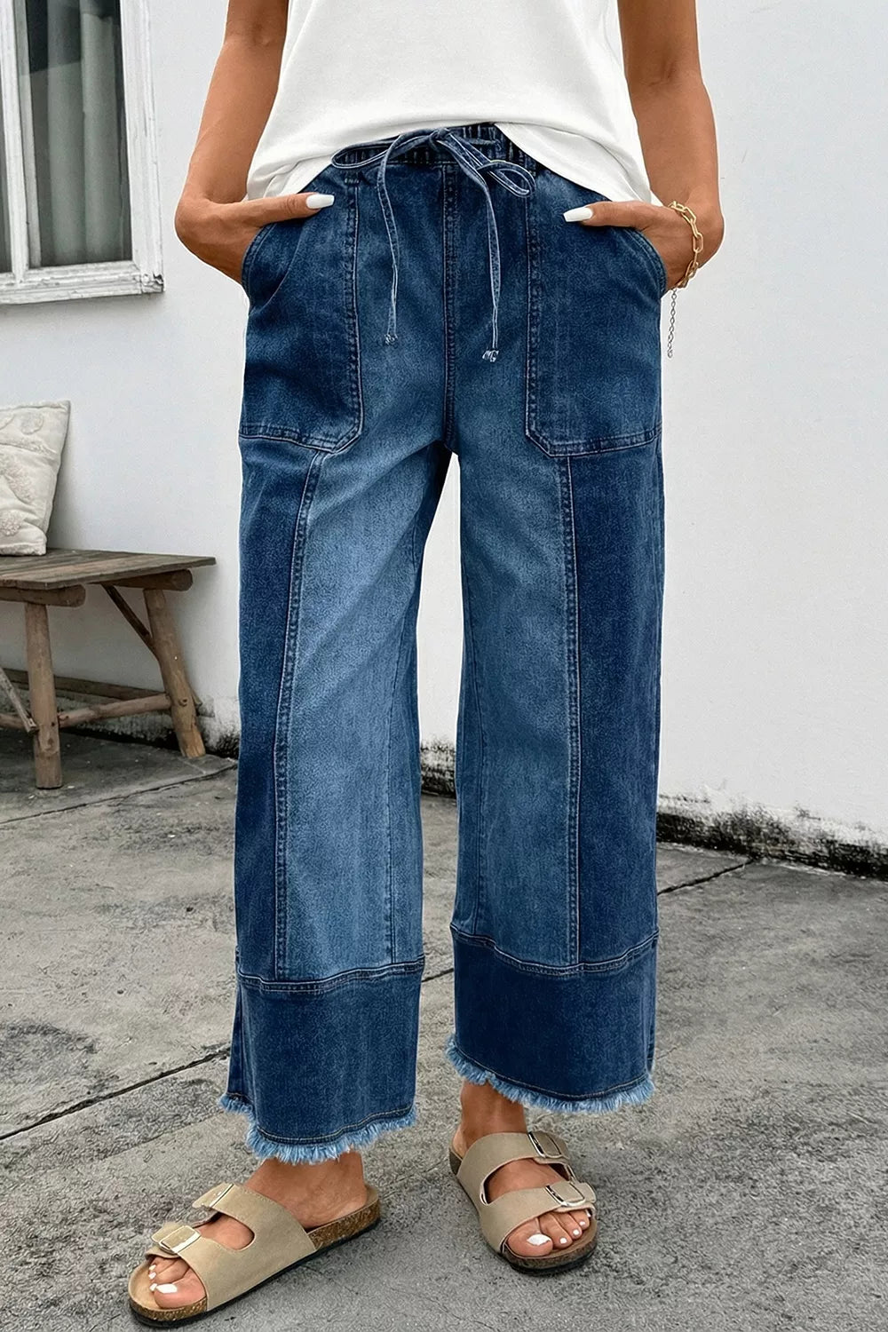 Raw Hem Wide Leg Denim Pants in Medium