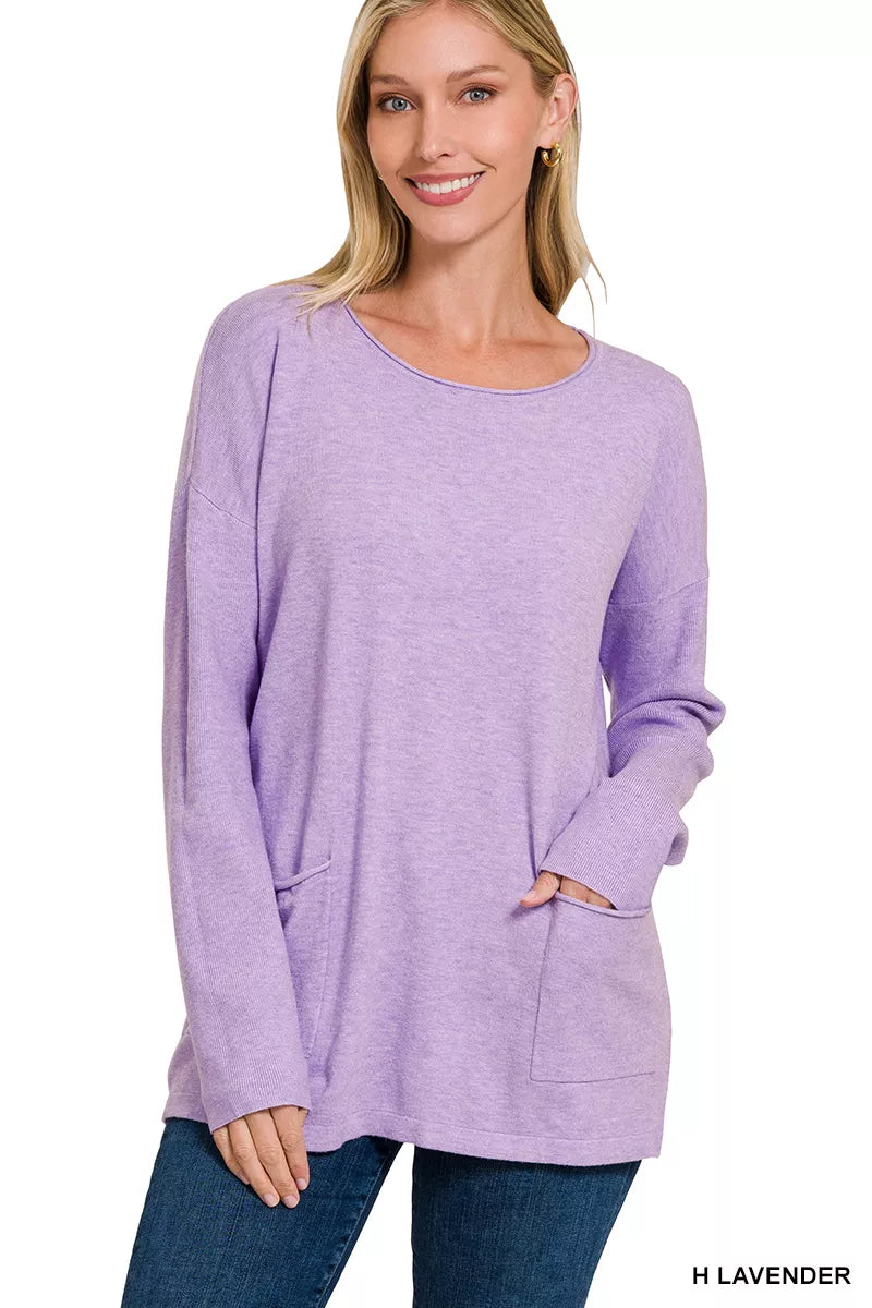 Zenana Long Sleeve Sweater with Front Pockets in Lavender in H lavender
