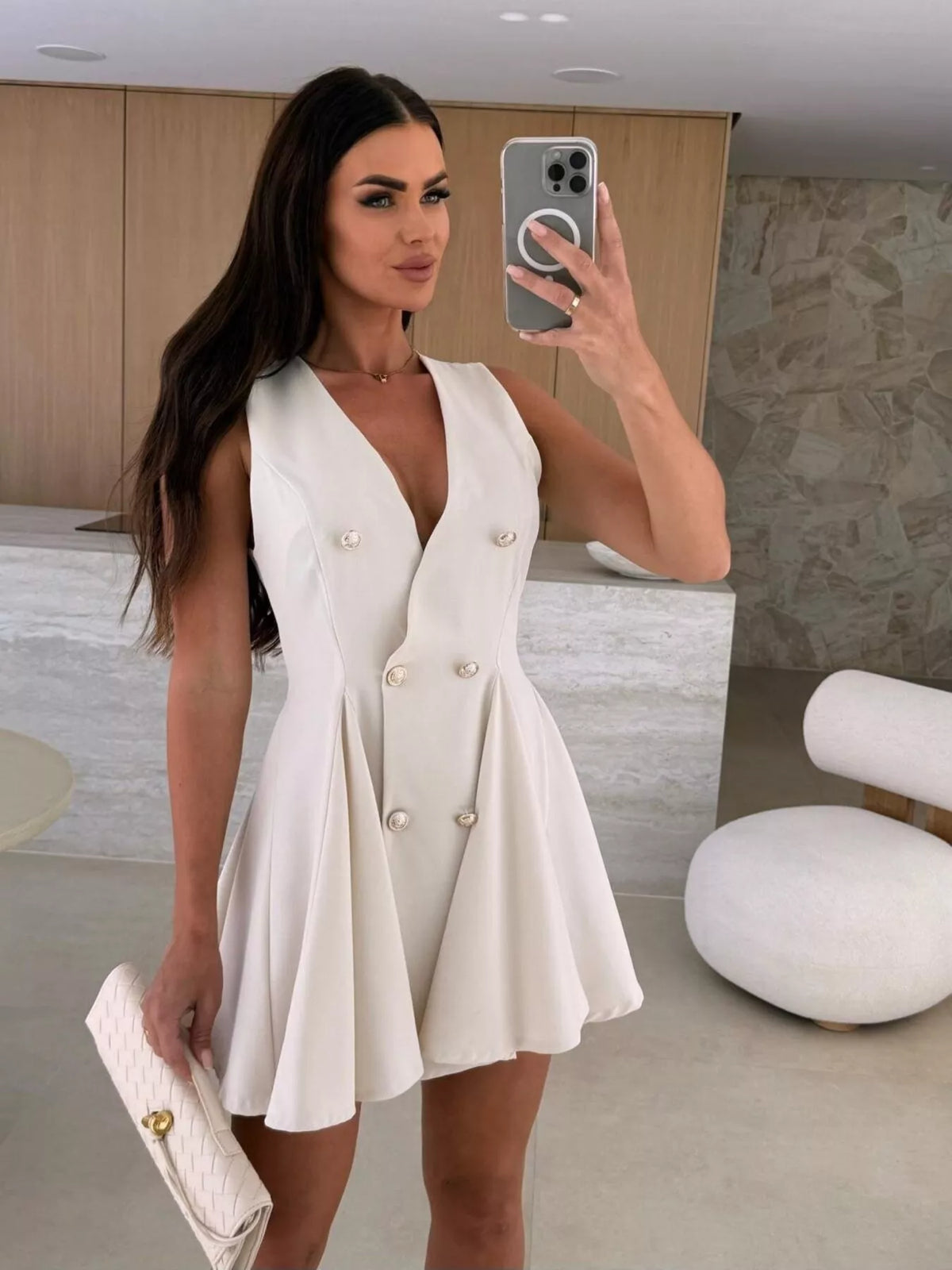 Double-Breasted V-Neck Pleated Mini Dress