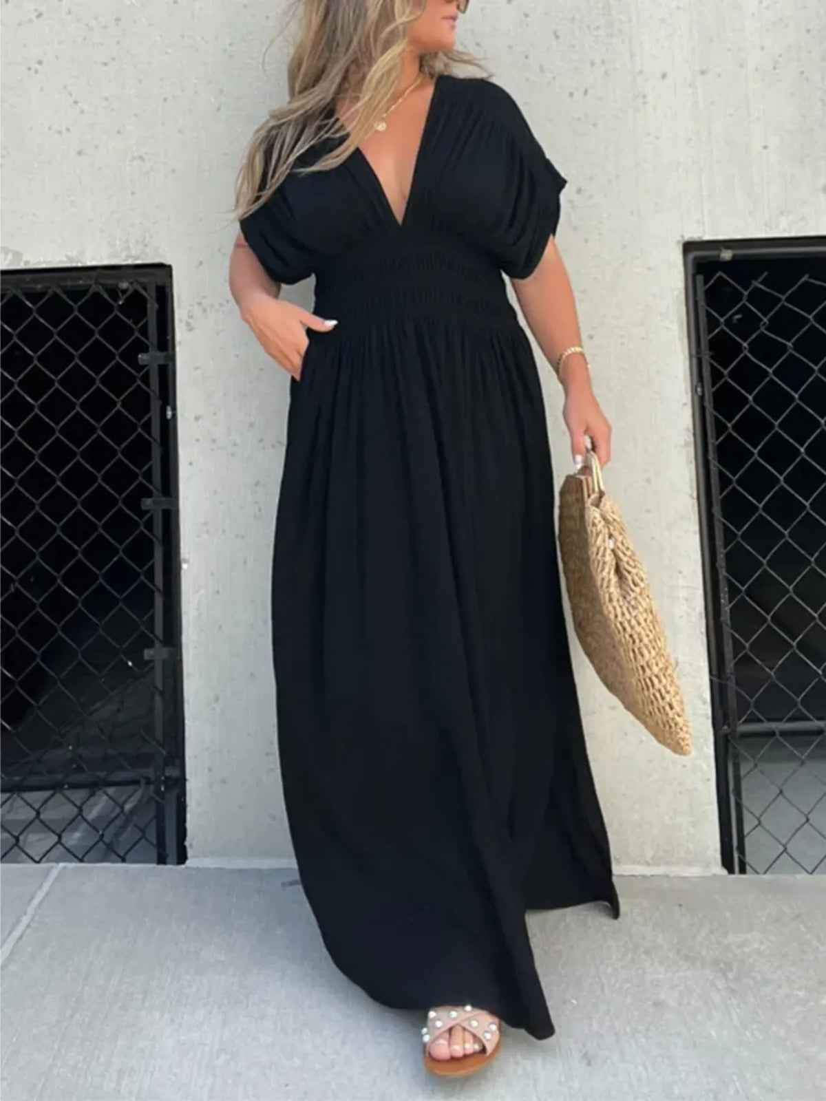 Deep V-Neck Maxi Dress with Side Slit