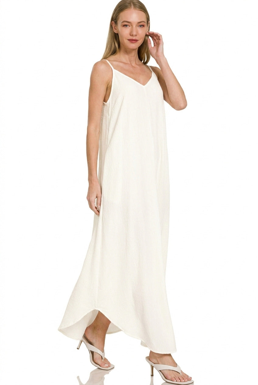 Zenana Woven Crinkle Cami Maxi Dress in Ivory