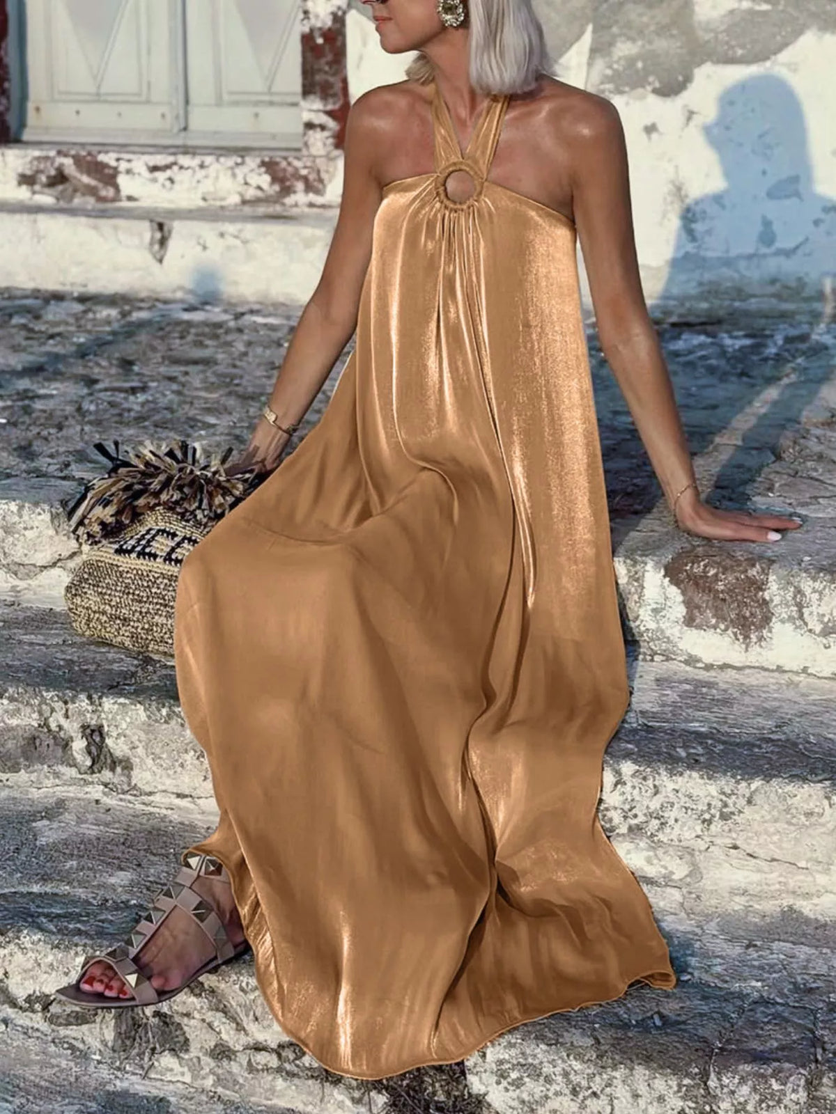Halter Neck O-Ring Maxi Dress in Khaki