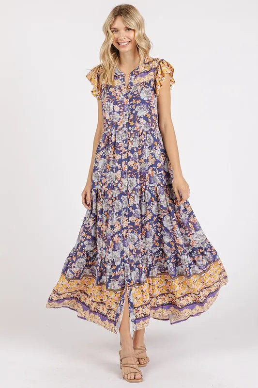 Floral Ruffled Notched Cap Sleeve Maxi Dress in Peacock Blue in Peacock  Blue by Mittoshop