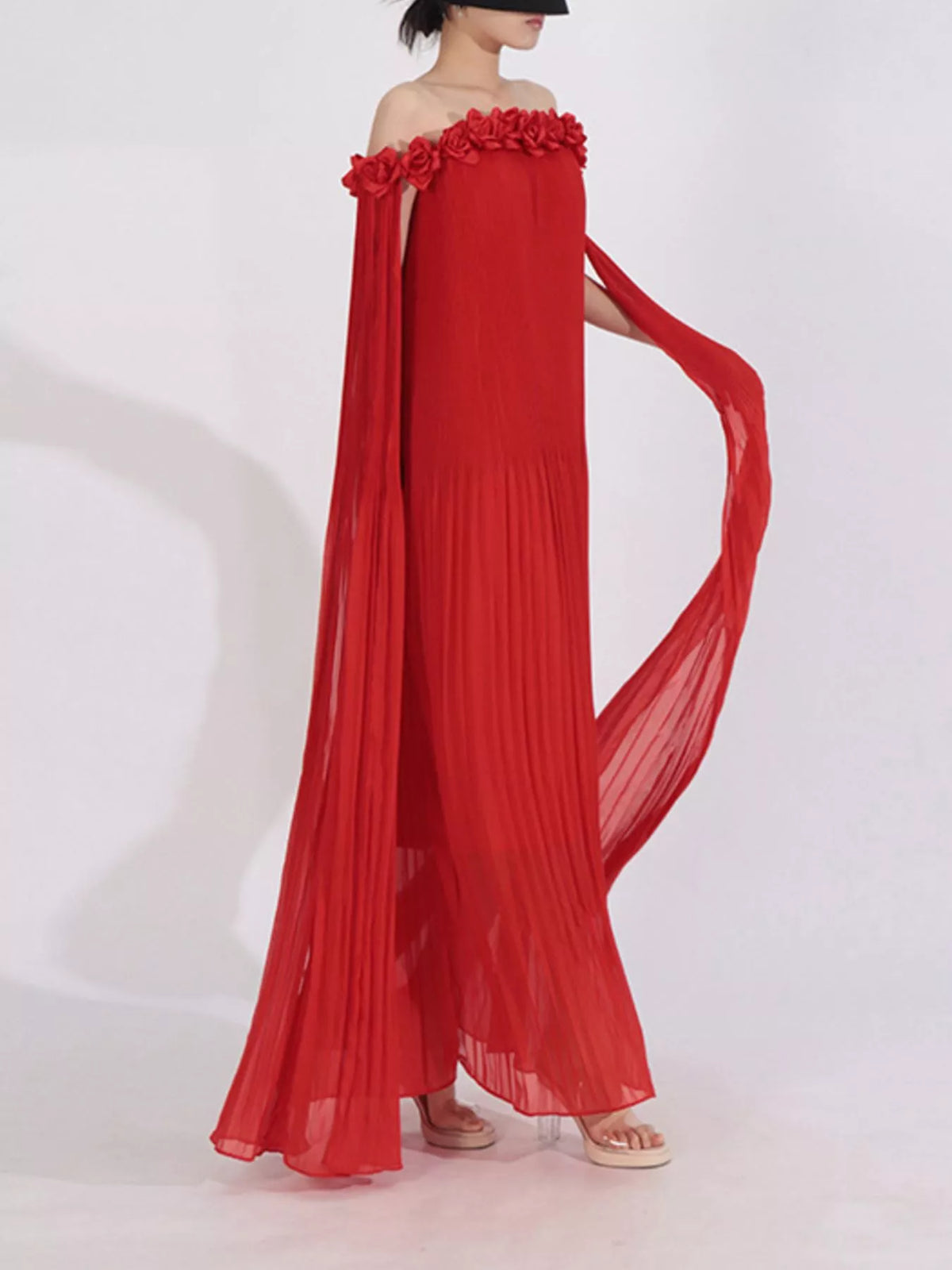 Off-Shoulder Pleated Floral Maxi Dress