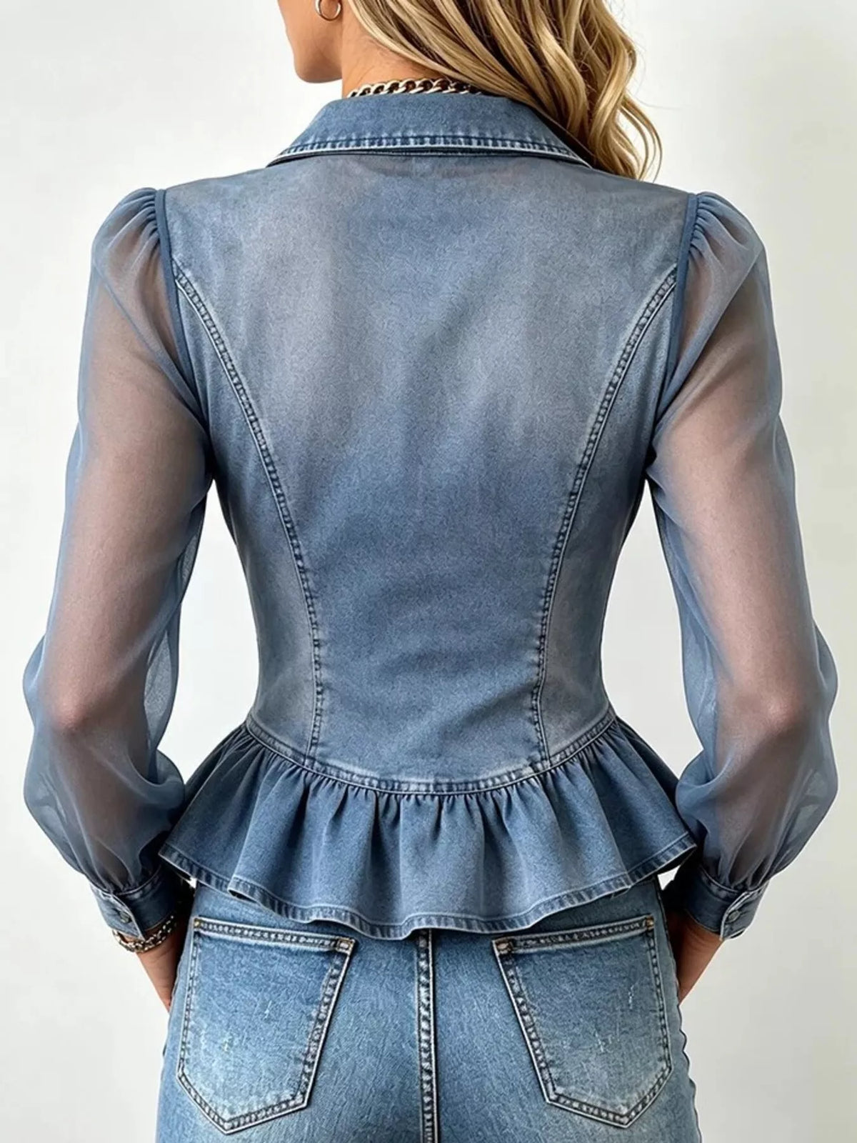 Mesh Sleeve Peplum Denim Top in Dusty Blue