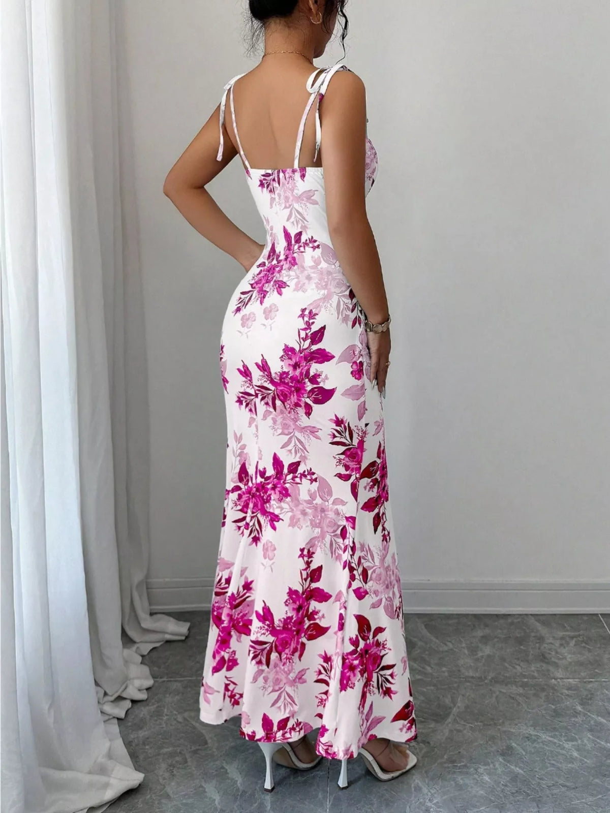 Printed Tie Strap Maxi Dress with Slit