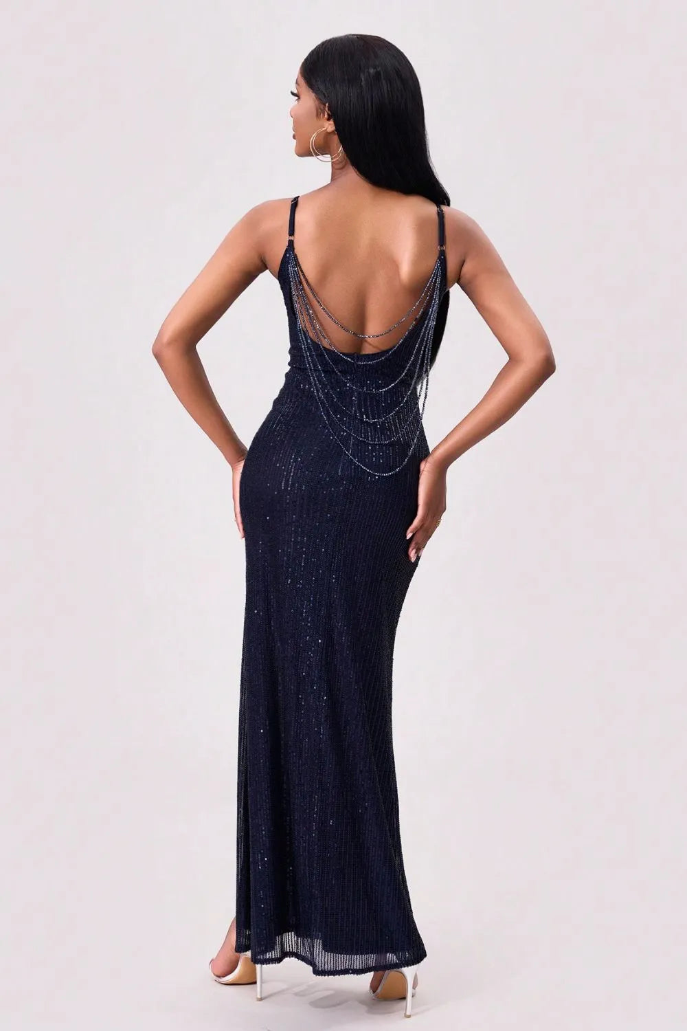Sequin Backless Maxi Dress in Navy by Jubilair