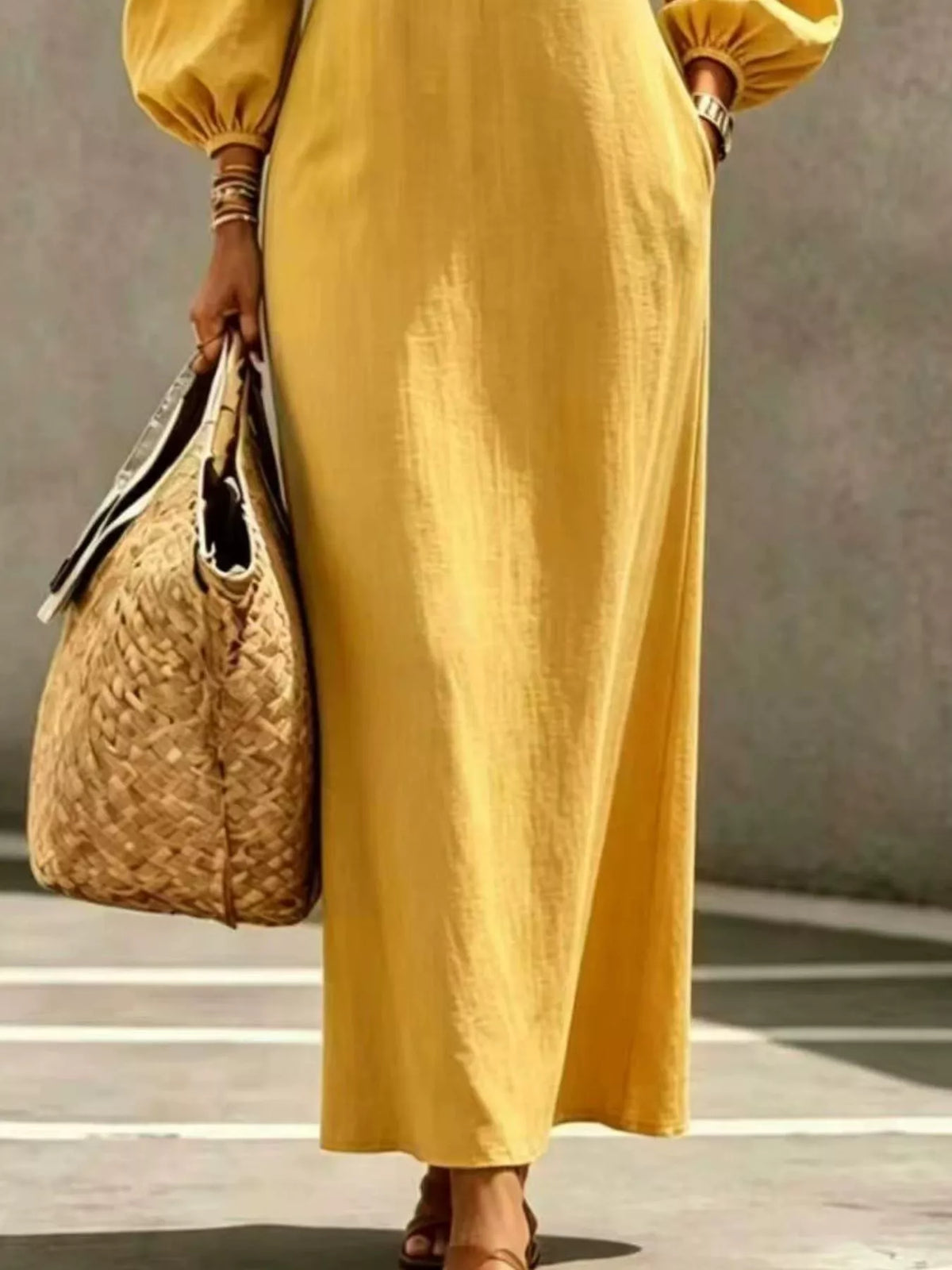 Button Balloon Sleeve Maxi Dress