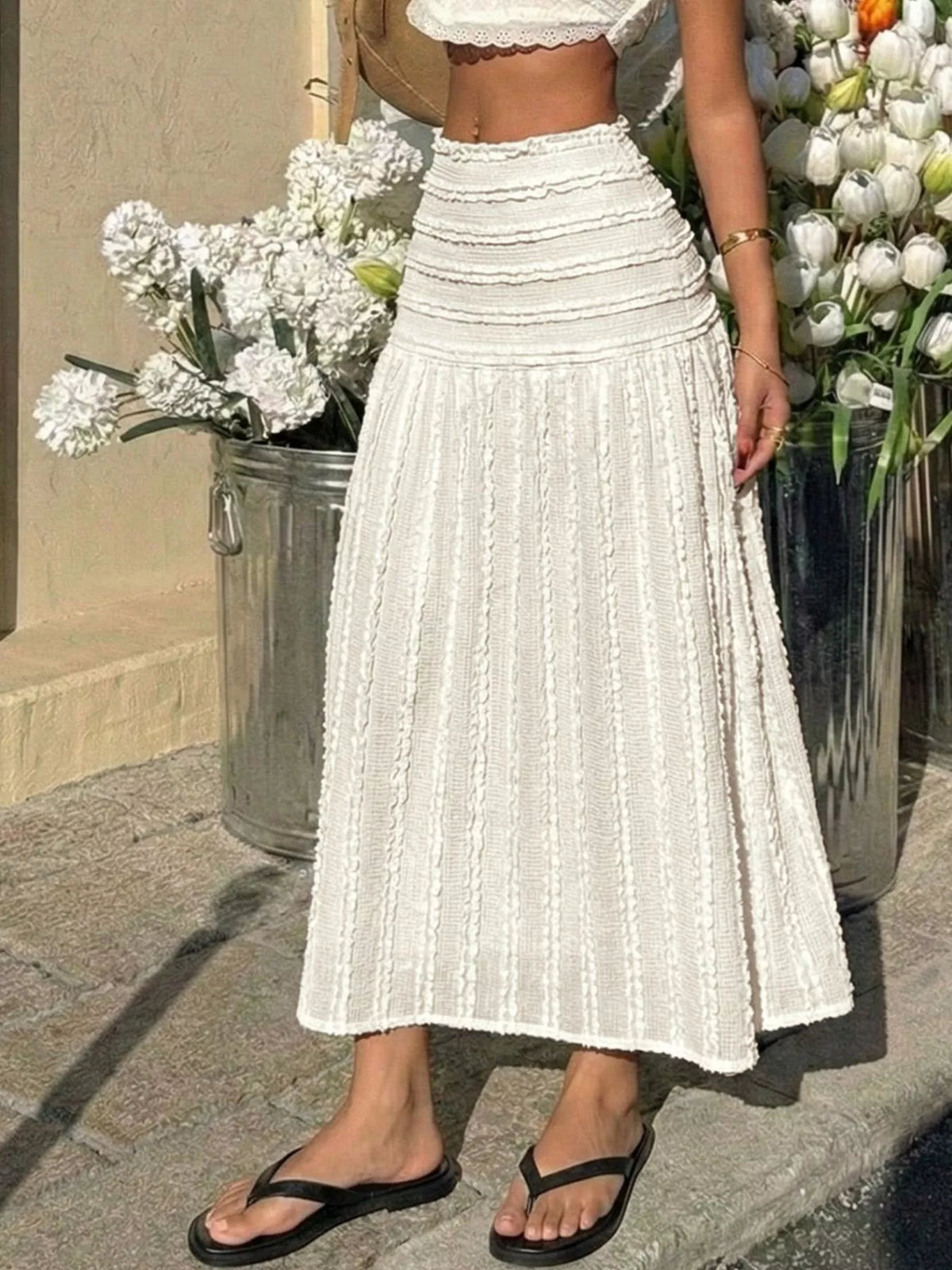 Textured A-Line Midi Skirt in Ivory