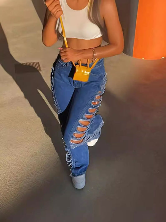 Side Distressed Jeans in Medium Wash