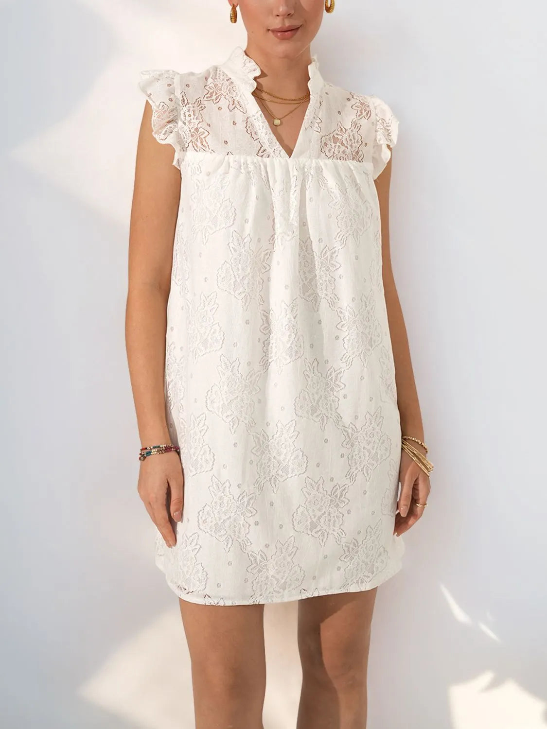 Lace Notched Cap Sleeve Mini Dress in White