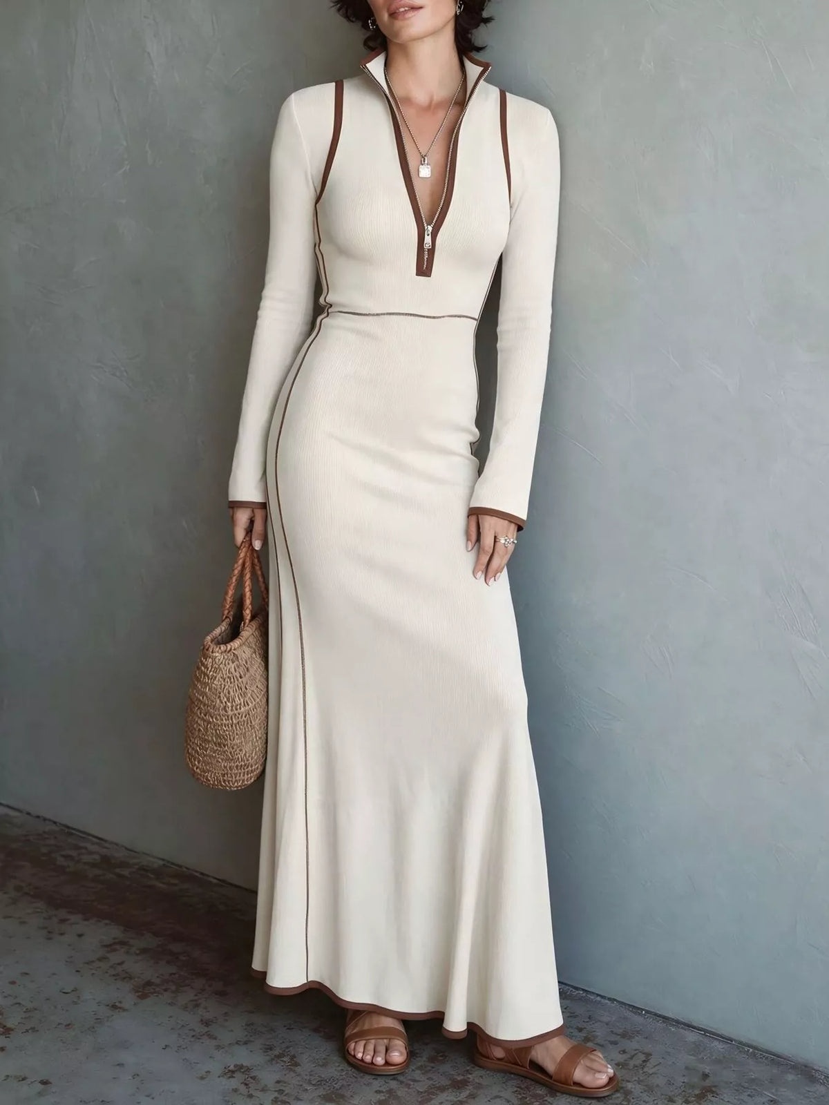 Contrast Trim Zip-Up Knit Maxi Dress
