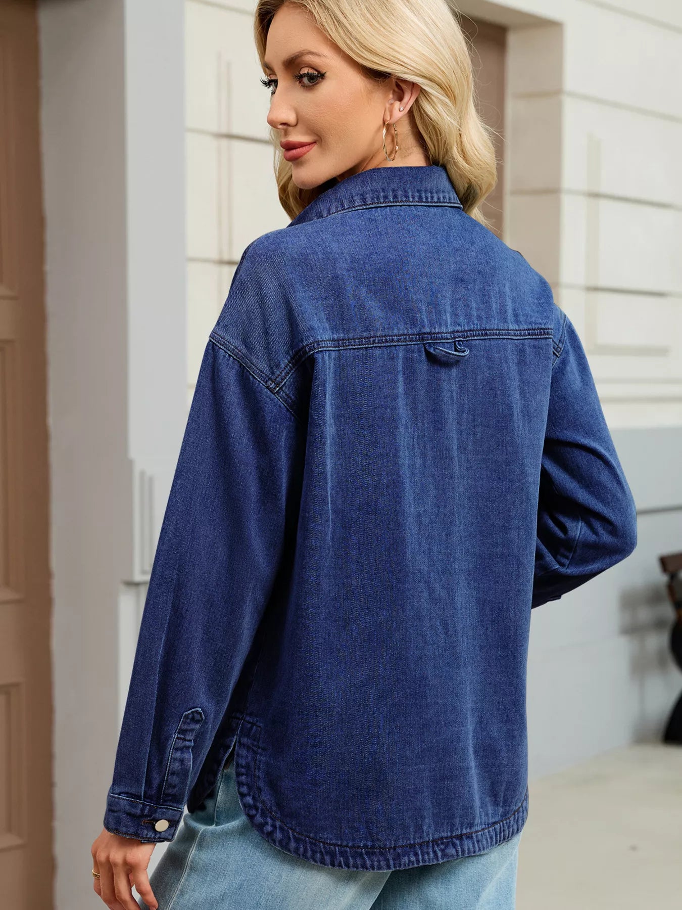 Button-Up Dropped Shoulder Denim Jacket with Pockets by Moni Wear