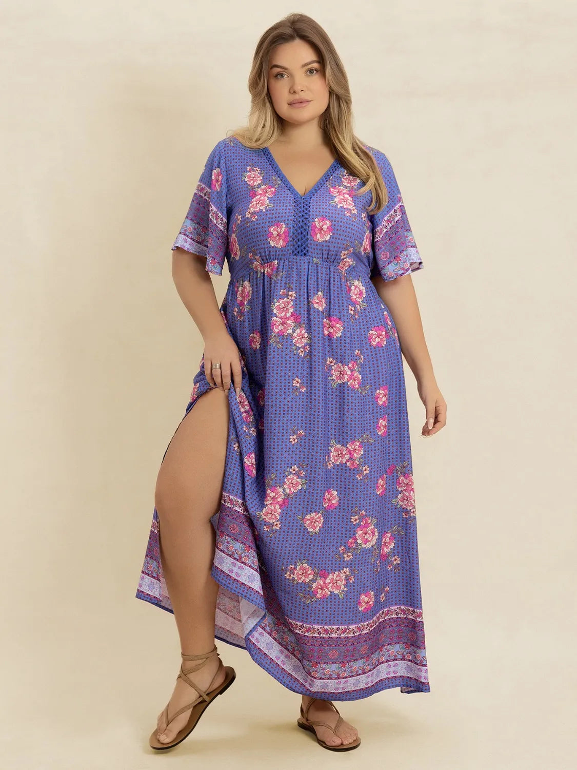 V-Neck Flutter Sleeve Dress in Blue Purple