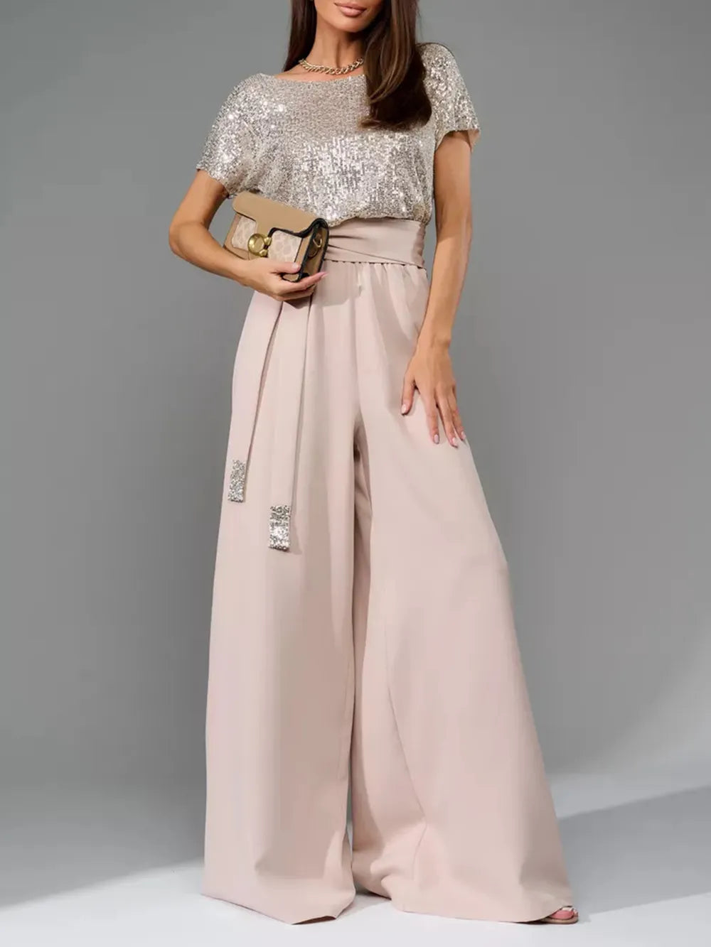 Sequin Round Neck Short Sleeve Jumpsuit, Plus Size